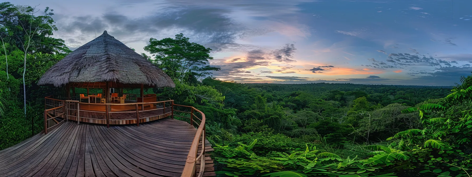 in a lush forest clearing of madidi national park, a luxurious eco-friendly lodge blends seamlessly with the vibrant green surroundings, inviting guests to relax and immerse themselves in the breathtaking natural beauty.