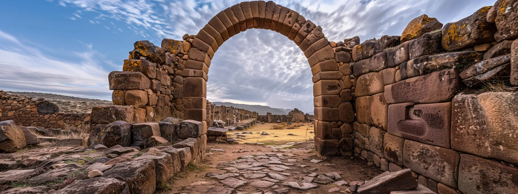 a towering stone archway stands majestically against a backdrop of sprawling ruins at the tiwanaku archaeological site in bolivia.