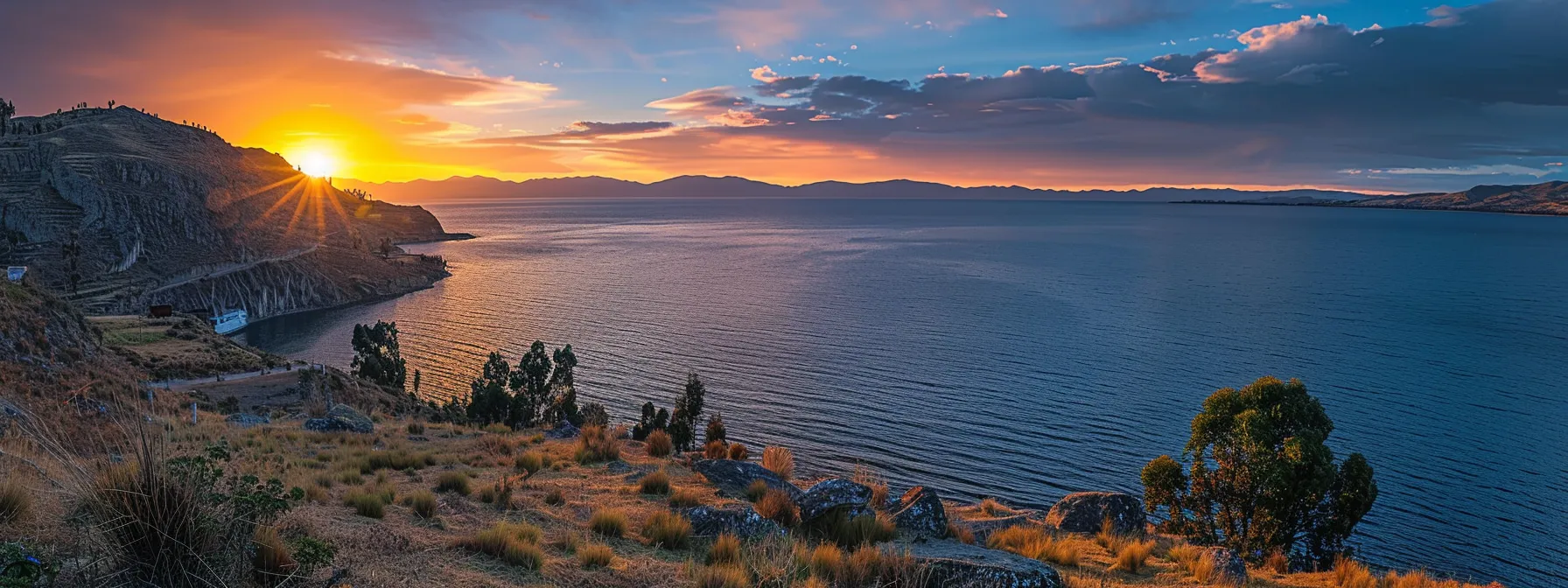 a breathtaking sunset over the crystal-clear waters of lake titicaca, highlighting the captivating beauty and tranquility of this iconic south american destination.