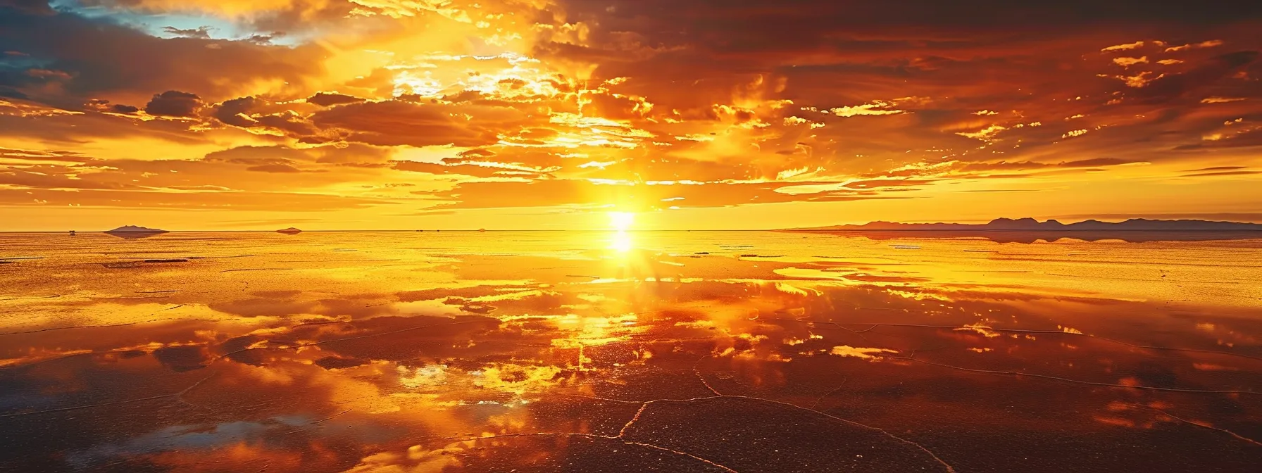 a mesmerizing sunset over the expansive salt flats of salar de uyuni, casting a golden glow on the reflective surface.