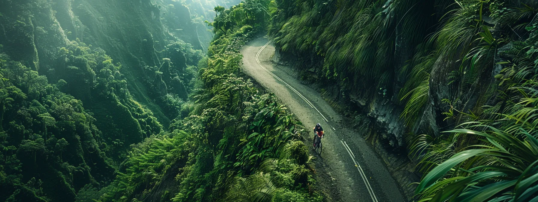 an adrenaline-fueled cyclist zooming down the breathtaking and treacherous yungas road in bolivia, surrounded by lush greenery and towering mountains.