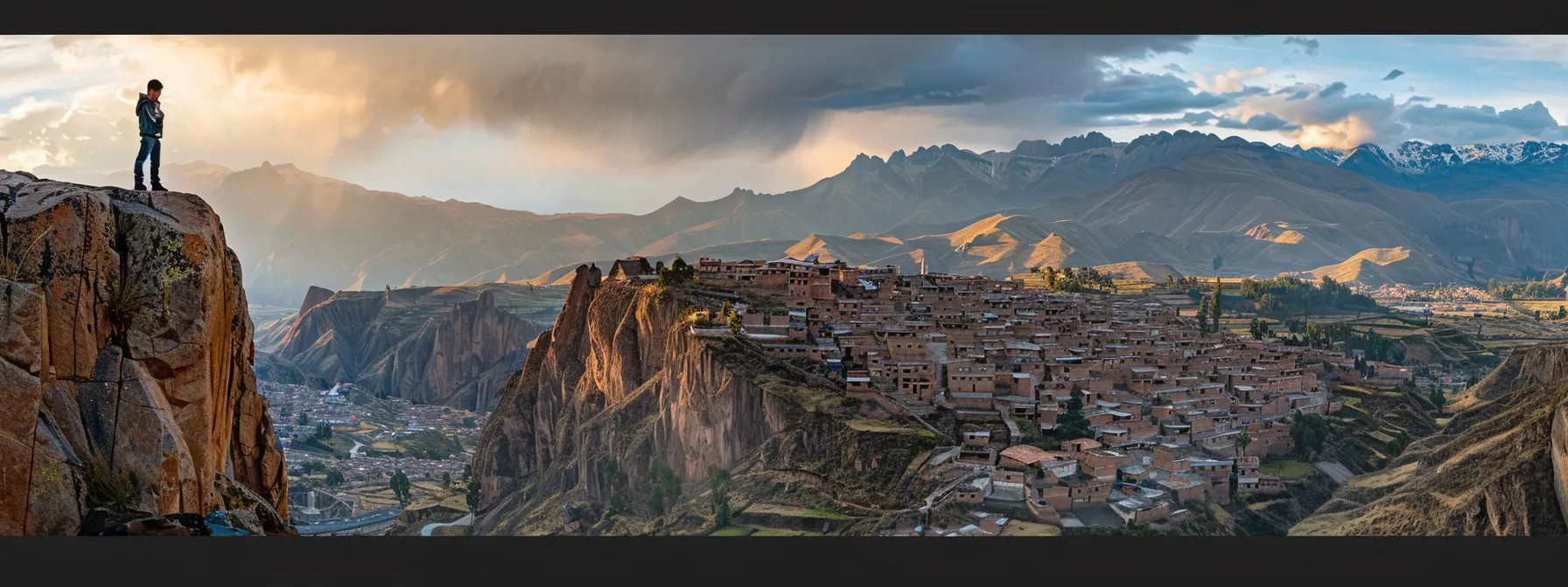 a lone figure stands at the edge of a cliff, gazing out at the rugged, colonial city of potosí surrounded by towering andes mountains.
