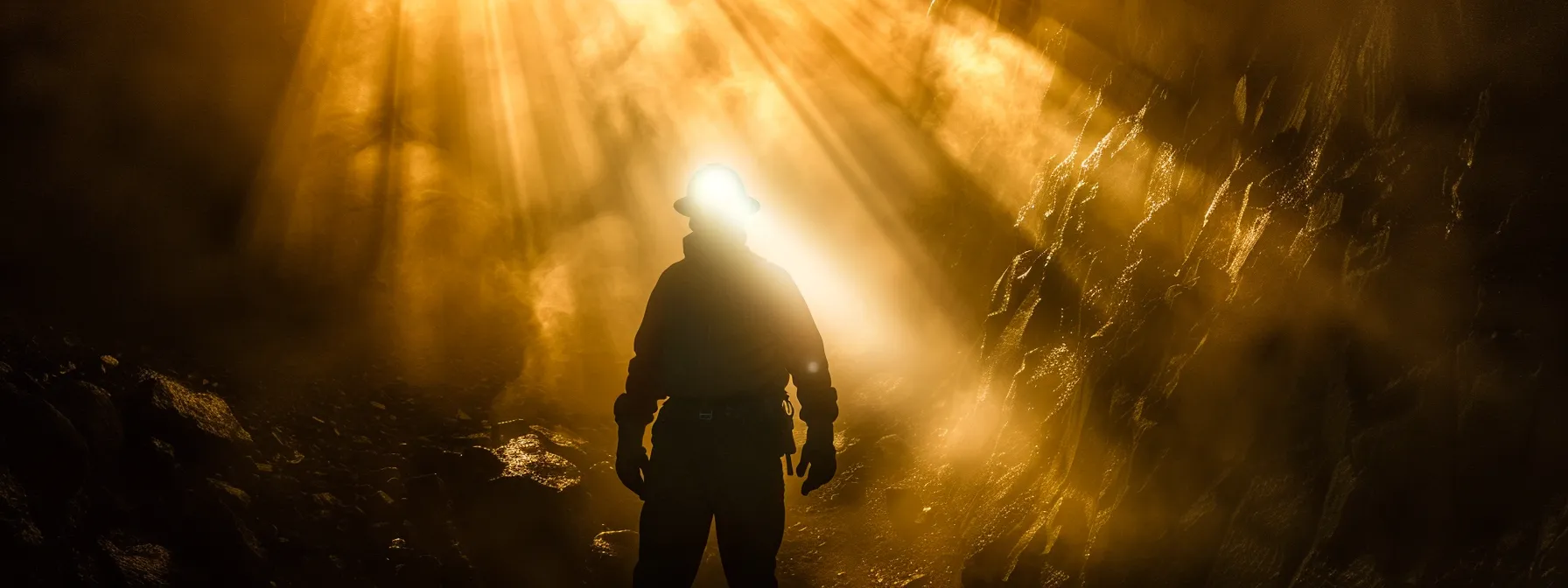 a rugged miner wearing a headlamp descends into the dark, dusty depths of cerro rico, illuminated by the dim flicker of his lantern.
