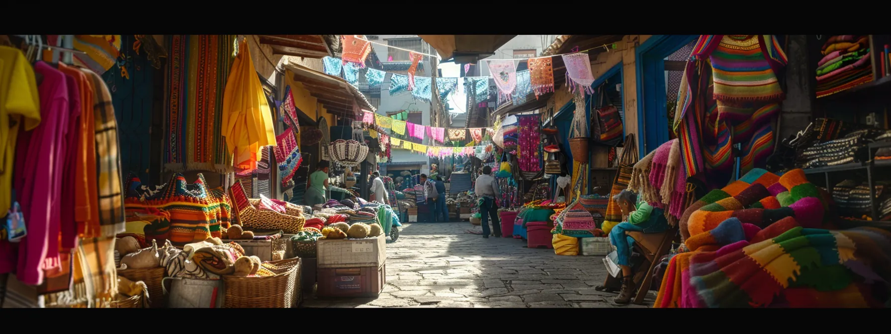 a colorful street market in la paz bustling with traditional andean textiles and local crafts.